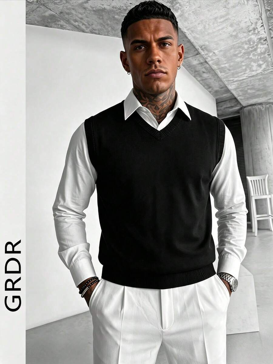 GRDR Men's Solid Color V-Neck Casual Versatile Knitted Vest