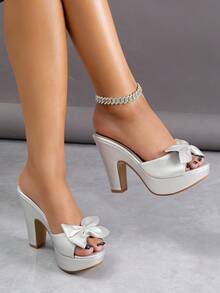 Women Bow Decor Metallic Platform Mules, Open Toe Slip-On Chunky Block High Heel Slide Sandals, Elegant Club Wedding Evening Heels - Silver - View 2