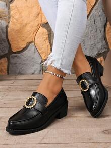 Women's Solid Color Preppy College Commute Pure Metal Chunky Heel Slip-On Loafers Office Shoes - Black - View 3