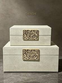 2pcs Large Capacity Stingray Pattern PU Leather Jewelry Box, With Embossed Gold Rectangular Metal Plate, Cream White Rectangular Luxury Accessory Storage Organizer, Vanity Bedroom Decor Gift - Beige - View 11