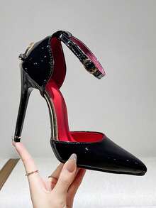 Women's Black High Heels, Pointed Toe Stiletto Heel With Buckle, Ultra High Heel Dress Shoes, Suitable For Party, Wedding - Black - View 1