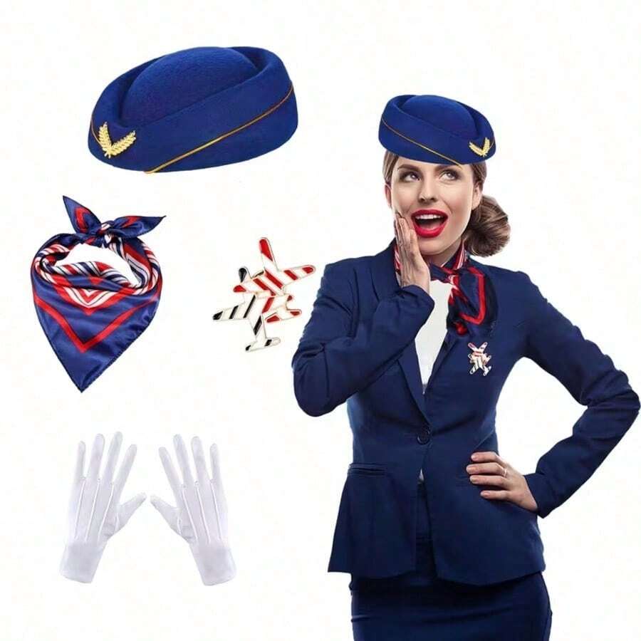 3件組空服員制服配件套裝－包含航空主題制服帽、圍巾與胸針，適用於角色扮演、主題派對、化裝派對、舞台表演及空服員裝扮 - 彩色 - 查看 1
