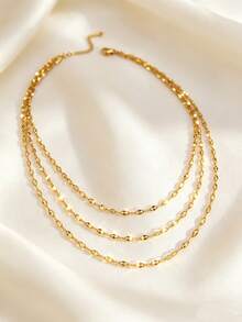Fashion 3-Layer Women's Necklace, Delicate Thin Shiny Oval Chain Stackable Layered Necklace, Minimalist Stainless Steel Multi-Layer Neck Jewelry, Daily Party Gift - Yellow Gold - View 5