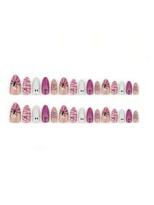 30pcs Pink Glitter Mummy Ghost Spider Bow Press-On Nails, Medium Almond Glossy Sweet Cool Pale Pink Halloween Cute Reusable 3D Fake Nails, White Wrinkled 3D Ghost, Striped Mummy Ghost, Mini Black Spider, Pink Purple Bow And Gradient Purple Glitter Nail Tips, 3D Purple Nail Art, Halloween Nail Art, Ghost Nail Art, Spider Nail Art, Suitable For Halloween Party, Light Gothic Outfit, Casual Date, Autumn Daily Look And Holiday Photo - Mauve Purple - View 5