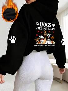 1件女款黑色短版寬鬆連帽衛衣，背面與袖子印有狗爪圖案及「Dogs Make Me Happy」標語，寵物愛好者衛衣 - 黑色 - 查看 1