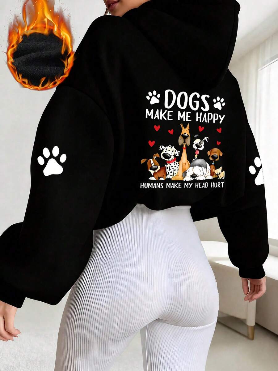 1件女款黑色短版寬鬆連帽衛衣,背面與袖子印有狗爪圖案及「Dogs Make Me Happy」標語,寵物愛好者衛衣 - 黑色 - 查看 1
