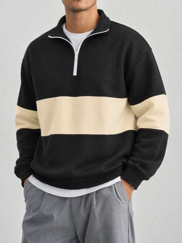 Men's Casual Fashionable Versatile Contrast Color Collegiate Style Comfortable Half-Zip Long Sleeve Sweatshirt, Autumn/Winter