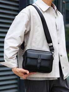 Unisex Crossbody Shoulder Bag, Casual Rectangular Black Litchi Grain Flap With Buckle And Wide Strap, Minimalist Commute Daily Date Travel Bag, Sling - Black - View 3