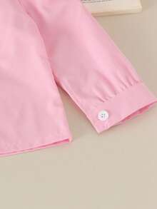 2pcs Girls Luxury Exquisite Rhinestone Embellished Turn-Down Collar Puff Sleeve Blouse And Butterfly Embroidery Denim Skirt Set, Spring/Autumn - Pink - View 6