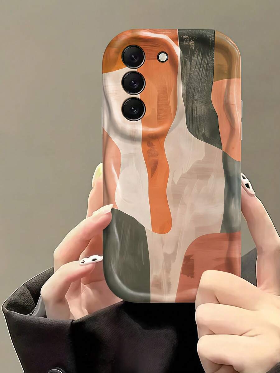 1pc Creamy Big Wave INS Style Minimalist Gentle Personalized Oil Painting Contrast Color Pattern Phone Case, Cream White Wave Texture Full Coverage Lens Soft Shell Compatible With Samsung, Series Phones - White - View 1