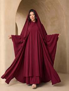 3pcs Fashionable Versatile Solid Color Broken Card Long Robe Set For Women, Elegant Sleeveless Long Robe + Loose Abaya Cardigan Long Robe + Scarf Set, Soft Skin-Friendly Sun Protection Muslim Clothing Shawl - Burgundy - View 6