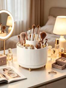 1pc 360° Rotating Makeup Brush Holder, Vanity Desktop Storage Set, Includes 5-Compartment Mini Storage Basket, Makeup Brush Lipstick Pen Organizer, Art Office Home Storage Organizer, Room Decor Home Decor Bathroom Accessory - Multicolor - View 3