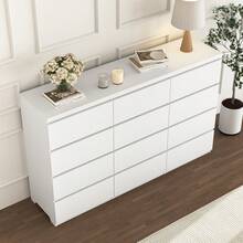 12 DRAWER CHEST FEATURES SMOOTH METAL DRAWER SLIDES AND A WIDE WOODEN CABINET, OFFERING AMPLE STORAGE SPACE. IT'S PERFECT FOR USE AS A BEDROOM DRESSER OR VANITY, AND COMES WITH UNIQUE RECESSED HANDLES AND STURDY LEGS. - White - View 2