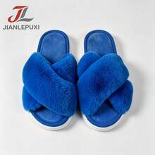 Fashionable New Fuzzy Indoor Slippers, Slip-On Comfortable Non-Slip Silent Indoor Slippers Solid Color Basic Fabric Home Wear Spring Autumn Winter - Blue - View 4