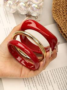 3pcs Unique Bracelet Set, Luxury Elegant Style Bracelets For Women (Batch Difference, Resin Gradient Color May Vary Slightly) - Red - View 2