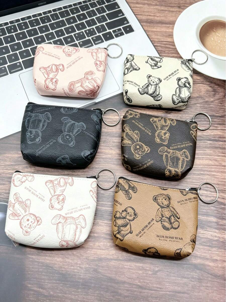 XD 12個/6個/3個/1個 多功能泰迪熊印花 PU 兒童零錢包，可收納硬幣、鑰匙、數據線、戒指與珠寶，輕巧便攜