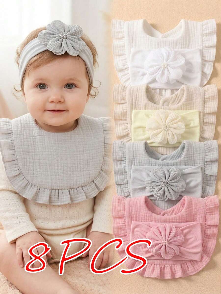 8PCS Girls Summer Cute Candy Color Bow Baby Hair Accessories, Soft Skin-Friendly Princess Baby Bib Set, Versatile For Daily Use - Multicolor - View 1