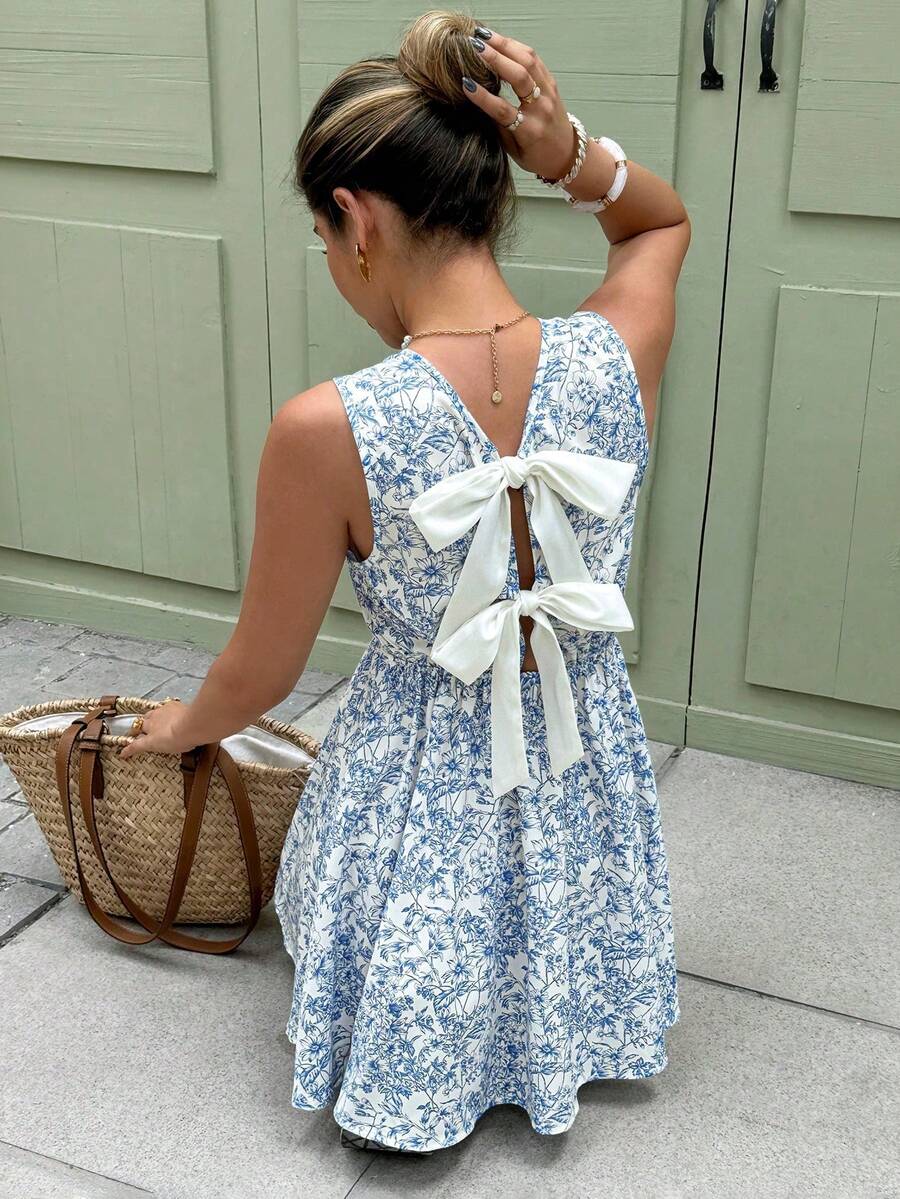 Women Short Dresses - 藍白 - 查看 1