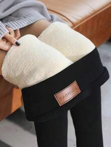1 Pasang Legging Tebal Hangat Wanita Motif Huruf Warna Polos Musim Gugur/Dingin, Cocok untuk Aktivitas Luar Ruangan - Hitam - View 8