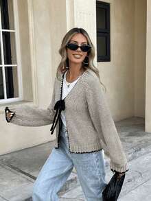Cardigan Rajut Kasual Leher V Ukuran Besar untuk Wanita, Trim Kontras, dan Tali Depan, Musim Gugur/Dingin - Grey - View 5