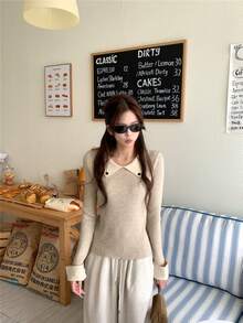 Vintage Patchwork Contrast Color Polo Collar Casual Versatile Slim Fit Long Sleeve Knit Top - Apricot - View 2