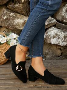 Commuter Style Black Chunky Heel Women's Slip-On Shoes, Fashion Rhinestone Decor Round Toe Daily Women's Shoes - Black (T02) - View 6