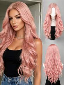 Wig Panjang Bergelombang Warna Krem Emas 28 Inci dengan Belahan Tengah, Wig Rambut Keriting Pirang Platinum Sintetis Tahan Panas, Cocok untuk Pemakaian Sehari-hari Wanita, Pesta, dan Cosplay - MultiWarna - View 10