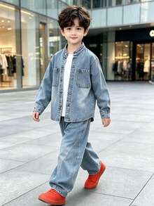Boys' Autumn Loose Fit All-Over Print Long Sleeve Denim Jacket & Denim Pants 2 Pieces Set, Suitable For Back To School, Daily Wear And Outdoor Activities - Baby Blue - View 4