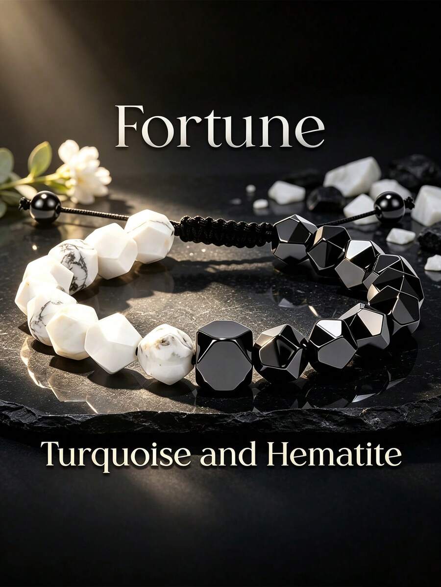 Casual Style White Turquoise & Hematite Beaded Lucky Bracelet, Handmade Adjustable Braided Rope Bracelet, Attract Wealth & Opportunities, Suitable For Daily Wear And Gift