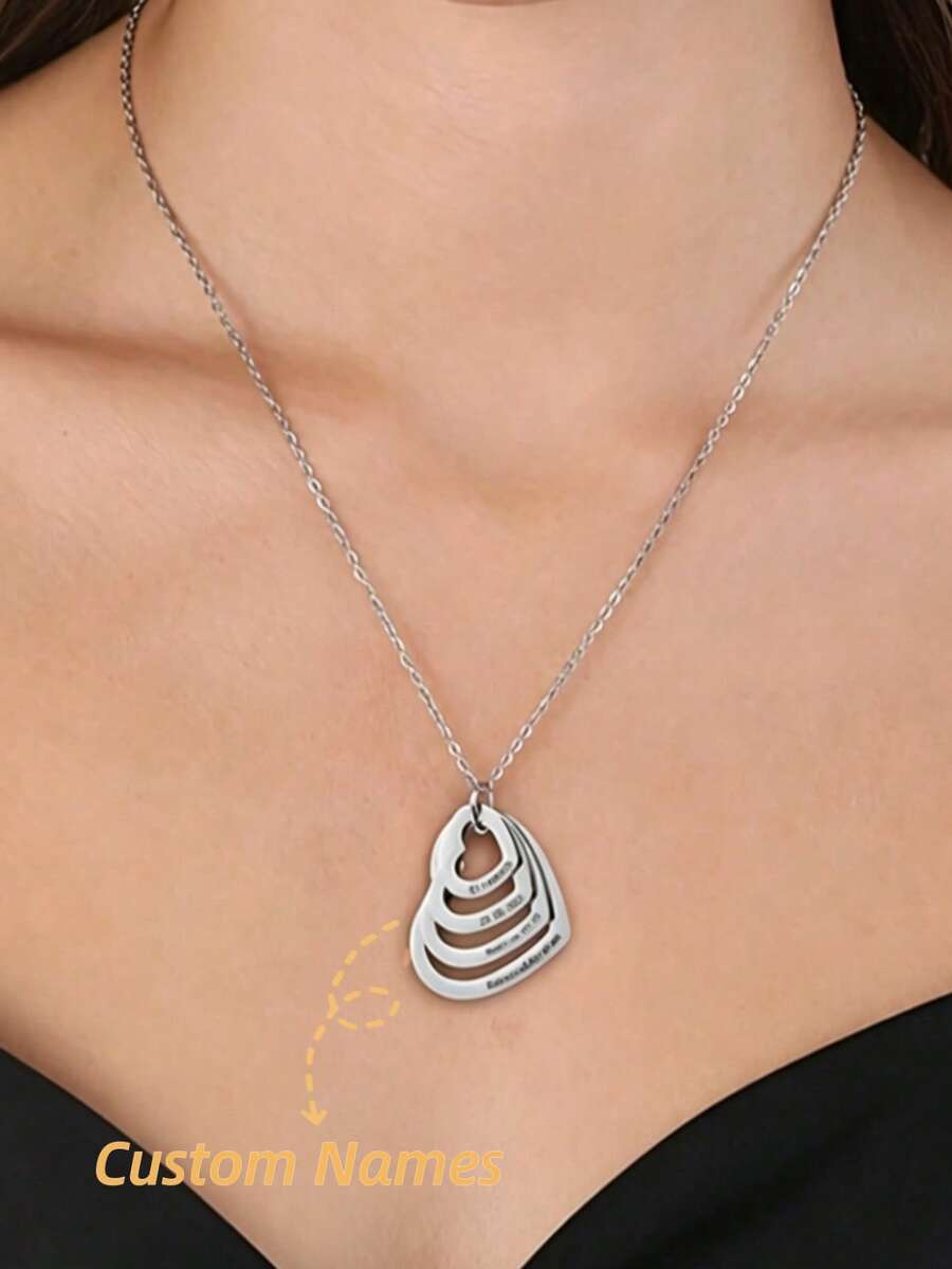 Customized Personalized Stainless Steel Engraved 1-4pcs Name Necklace Multi-Layer Heart Pendant Necklace Women's Nameplate Jewelry Holiday Decoration Gift Elegant Customized Jewelry Necklace Anniversary Gift Family Gift Easter Gift Mother's Day Gift Women's Day Gift,