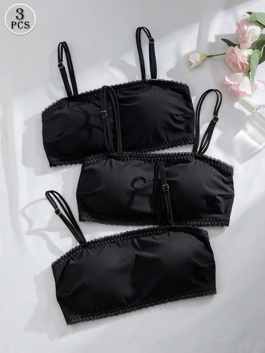 3 Pieces Set: Black Lace-Trimmed, Band-Neck, Strapless Body-Shaping Lingerie With Built-In Cups And Detachable Shoulder Straps For Women. - Black - View 1