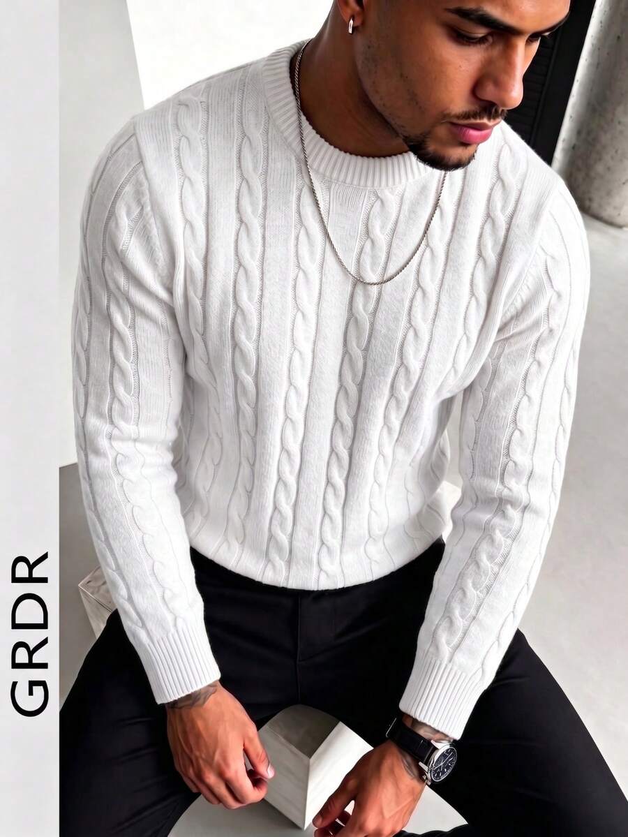 GRDR Men's Casual Twist Floral Pattern Crew Neck Long Sleeve Knit Sweater