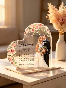 Personalized Heart-Shaped Acrylic Decorative Plaque, Wedding Cake Decoration, Engagement Gift, Couple Wedding Anniversary Calendar Decorative Plaque, Wedding Accessory Decoration, Customized Souvenir, Engraved - Wedding Heart Shaped Card Brick - View 2