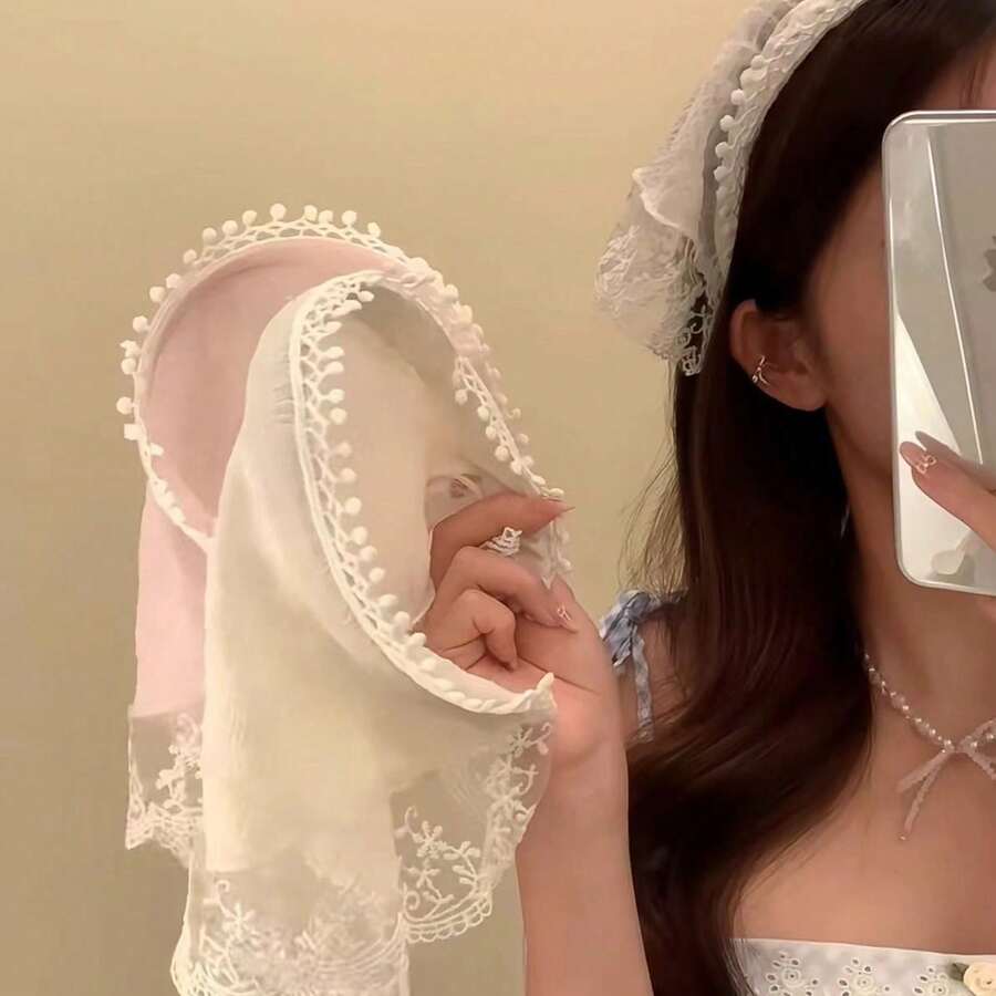 1件波希米亞風女款蕾絲三角頭巾,優雅鄉村風毛球飾邊髮箍,高級髮飾,適合海灘拍照與日常配戴 - 粉色 - 查看 1