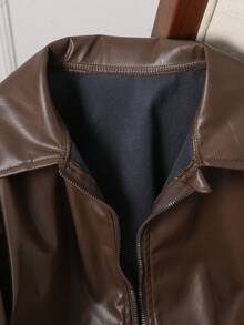 Tween Girl Spring/Autumn New Fashion Solid Color Zipper Lapel Long Sleeve Brown PU Leather Jacket Short Top - Brown - View 4
