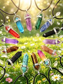 Random 1/10/15/20/30/50/100pcs Vibrant Chakra Crystal Pendants With Durable Leather Chain + Multi-Color Gemstone Set With Hexagonal Quartz, Energy Balance, Ideal Gift Choice - Multicolor - View 8