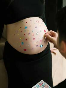 3D Sweet Style Rhinestone Bow Maternity Belly Sticker, Pregnancy Photo Prop, Glitter Body Gem Sticker, Suitable For Expectant Mothers, Baby Shower And Gender Reveal Party - Multicolor - View 2