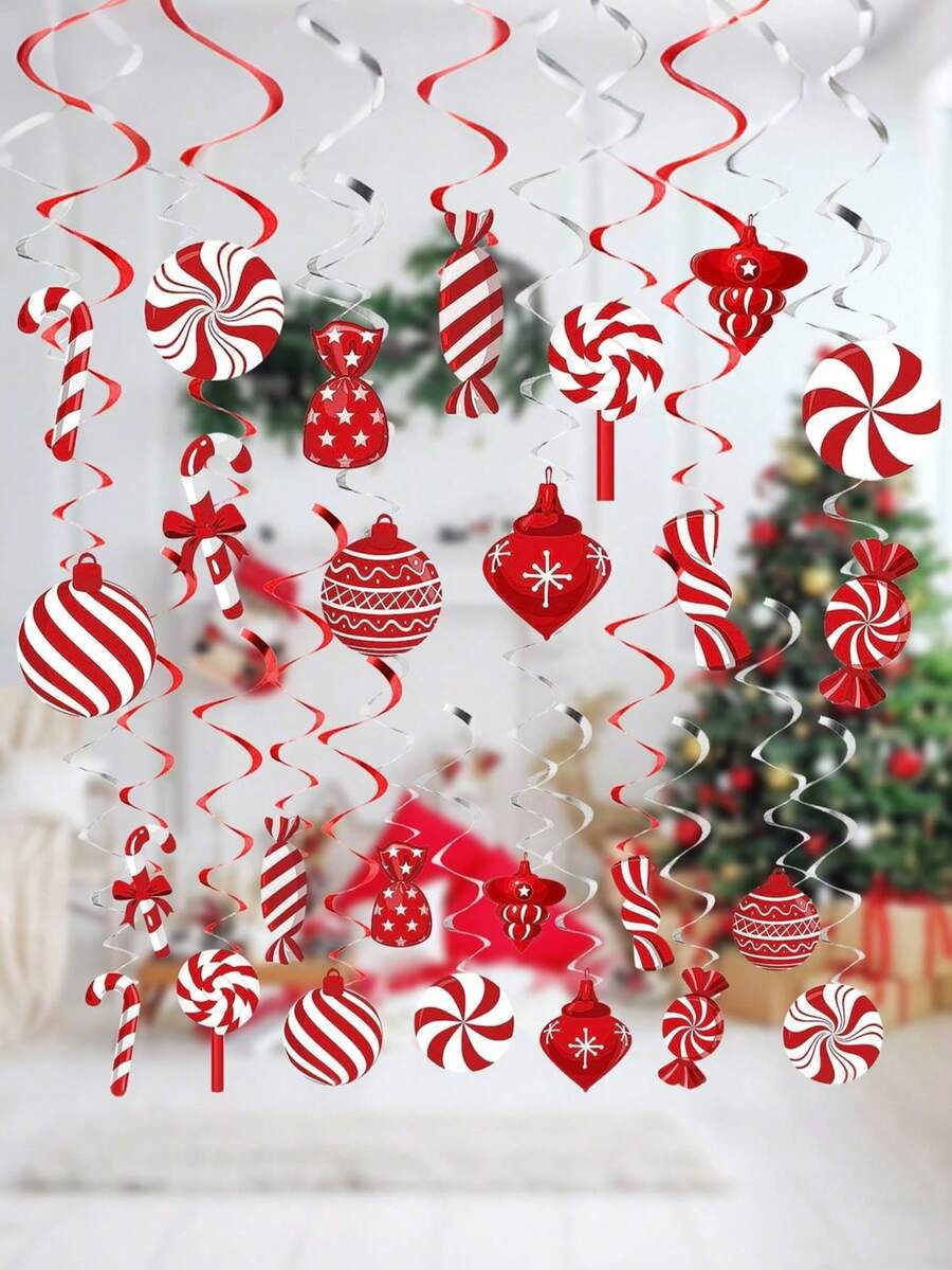 26pcs Christmas Candy Cane Party Decorations, Christmas Candy Hanging Spiral Tassel Ornaments, Christmas Home Candy Wonderland Winter Holiday Party Decor - A - View 1