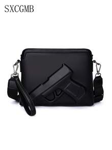 Unisex Crossbody Handbag, Pure Black Smooth PU, 3D Gunflower Embossed, Wide Strap, Wrist Strap, Street, Daily, Party, Travel - Black - View 12