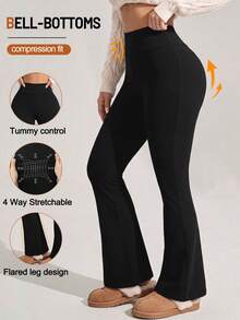 Tummy Control Flare Pants Thermal Fleece Lined Shaping Tights High Waist Butt Lifting Yoga Pants For Women Winter Daily & Gym - Black - View 3