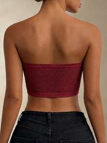 1pc Burgundy Women's Strapless Bandeau Bra, Seamless Elastic Bustier, Front Ruched Gathering Support, Breathable Mesh Back Moisture-Wicking, Wire-Free No Padding Anti-Slip, Skin-Friendly No Underarm Pinching, Suitable For Summer Outerwear, Daily Layering, Home Leisure, Travel Outfits - Burgundy - View 5