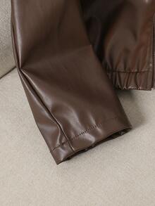 Tween Girl Spring/Autumn New Fashion Solid Color Zipper Lapel Long Sleeve Brown PU Leather Jacket Short Top - Brown - View 7