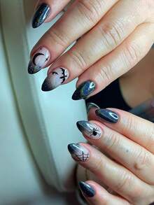 Elevate Your Look,Halloween 24Pcs Short Almond Full Coverage Glossy Laser Cat's Eye False Nails,Black Gradient Ombre Spider-Bat Design Nail Art,Simple, Cute And Stylish Press On Nails - Black - View 1