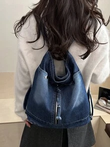 韓系時尚女款 2026 牛仔布丹寧新大容量復古休閒通勤時尚單肩托特斜跨包輕量包 - 藍色 - 查看 6