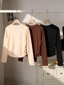 3pcs/Pack Tween Girls Casual Fashion Solid Color Heart Print Ruched Waist Long Sleeve Tops, Versatile For Daily Wear And Outings, Spring/Autumn - Multicolor - View 2