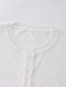 Cardigan de punto calado corto casual de verano para mujer, cuello en V, ajuste regular, botones delanteros, manga larga, blanco, capa ligera dulce y elegante - Blanco - Ver 4