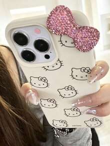 SANRIO غطاء هاتف سانريو كرتون فيونكة هالو كيتي تفاحة 16 برو ماكس، غلاف واقي وردي جذاب للغاية للفتيات، متوافق مع آيفون 17/15 برو ماكس/14/13/12، تغطية كاملة - أبيض كريمي - مشاهدة 2