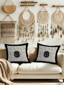 2Pcs Black Throw Pillow Covers Line Drawing Rose Luxury English Border Print Soft Plush Texture Cushion Covers Suitable For Home Decor, Sofa, Bed, Bedroom, Gift, Holiday Decoration - Black and White - View 3