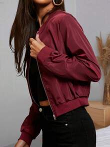 Women's Zipper Short Flight Jacket, Autumn Casual Street Style Lightweight Solid Color Regular Fit Baseball Collar Jacket - Burgundy - View 6