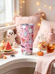 1pc/5pcs 20oz Halloween Stainless Steel Insulated Coffee Mug With Clear Drinking Lid, Cute Ghost Bat Spider Web Print Travel Cup, Sweet Halloween Water Cup, Large Capacity Iced Coffee Cup, Birthday Holiday Gift For Boyfriend, Couple Water Cup, Holiday Party Gift - Multicolor - View 3